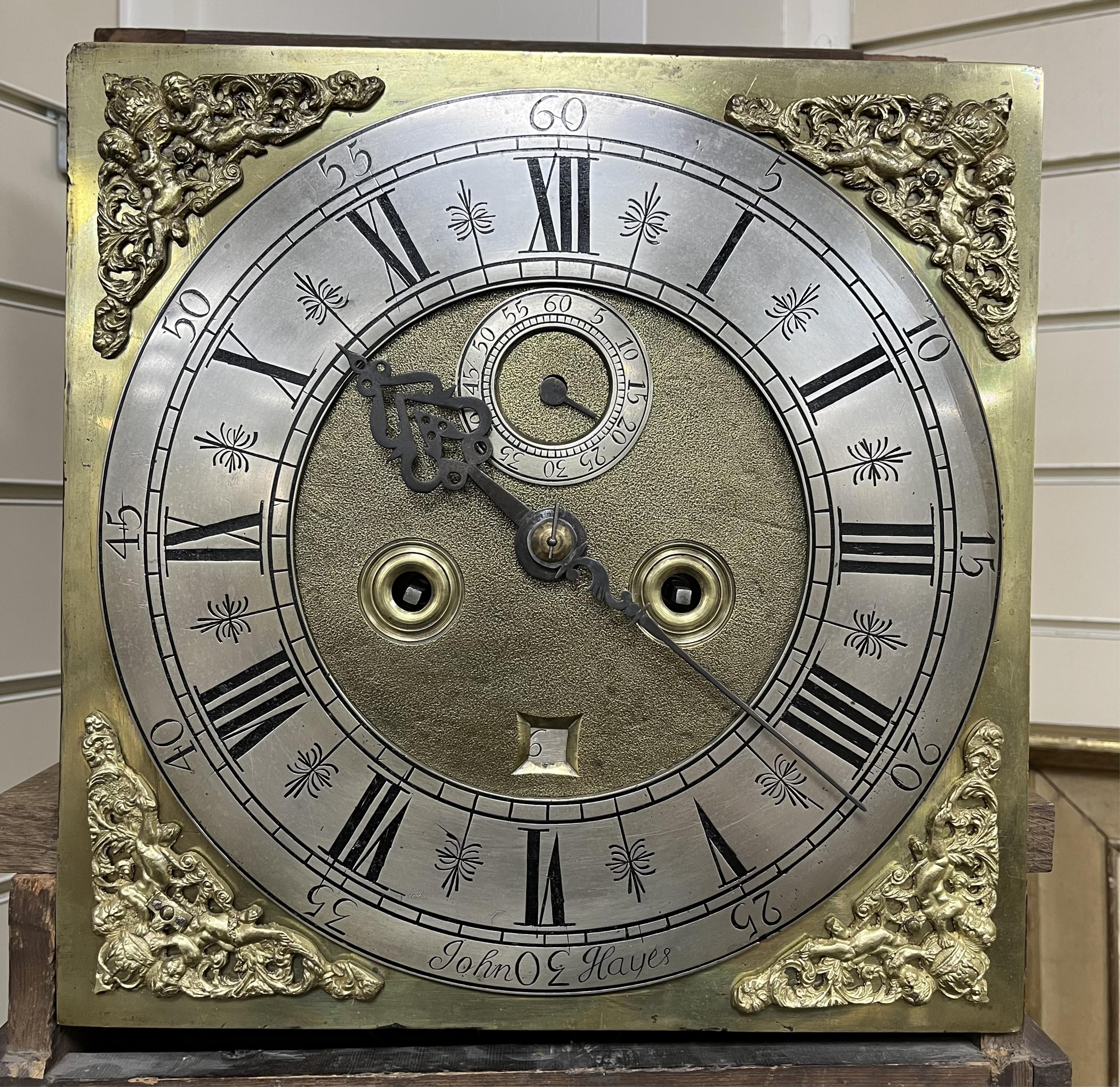 An 18th century walnut eight day longcase clock marked John Hayes, height 201cm. Condition - fair